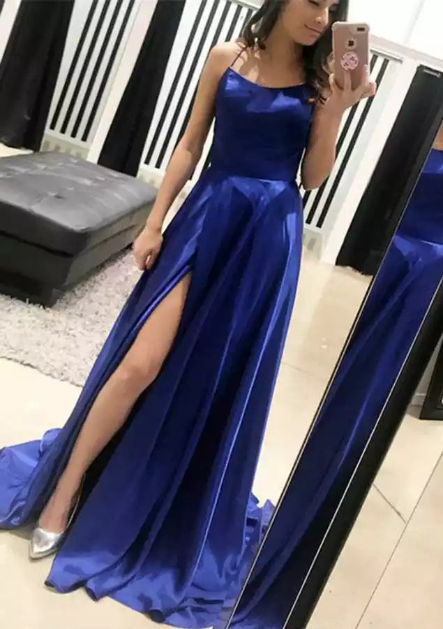 Eye catching A-lineprincess style square neck sleeveless trailing satin slit Prom Dresses