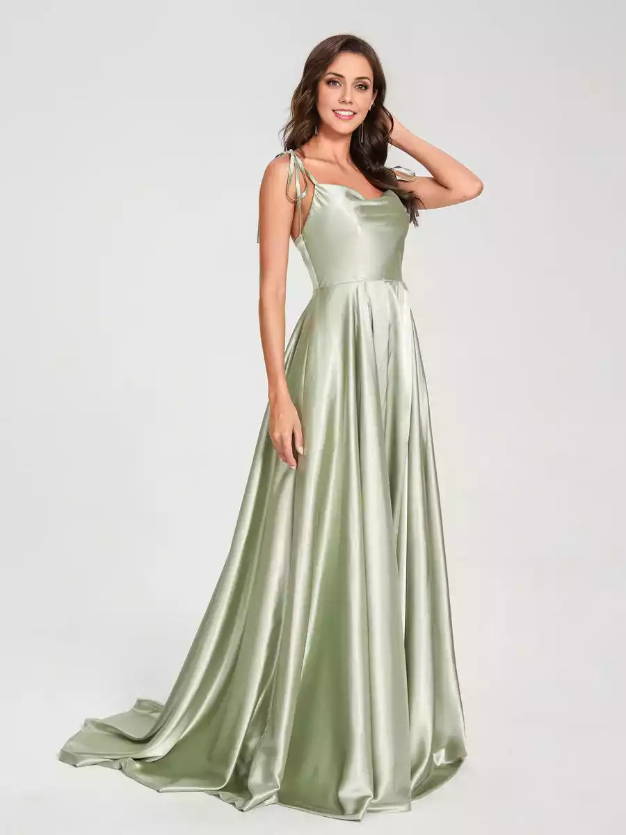 Eye catching A-line suspender sleeveless long silk satin thin shoulder strap Bridesmaid Dresses