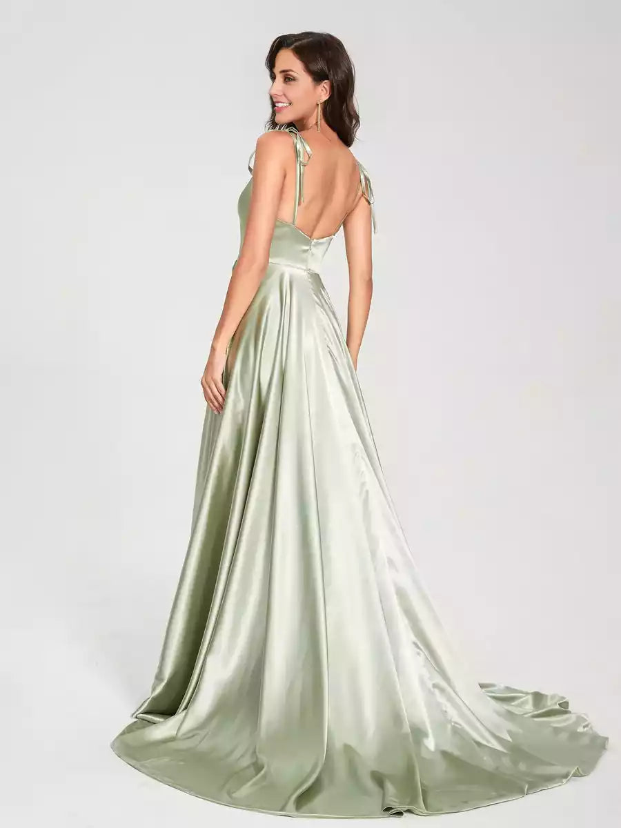 Eye catching A-line suspender sleeveless long silk satin thin shoulder strap Bridesmaid Dresses