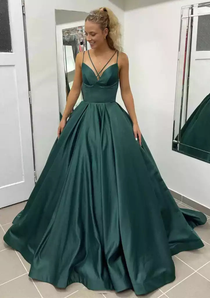 Eye catching sleeveless fan-shaped neckline trailing satin dress with pleated pockets Prom Dresses
