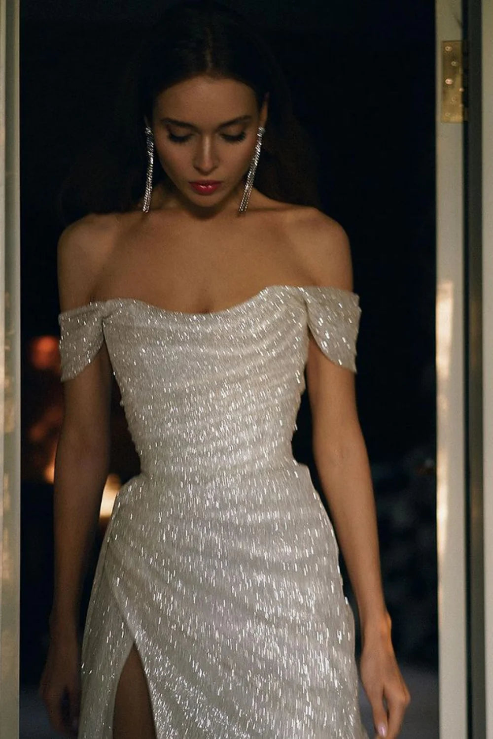 Elegant Mermaid Off the Shoulder Silver Sequins Long Prom Dress