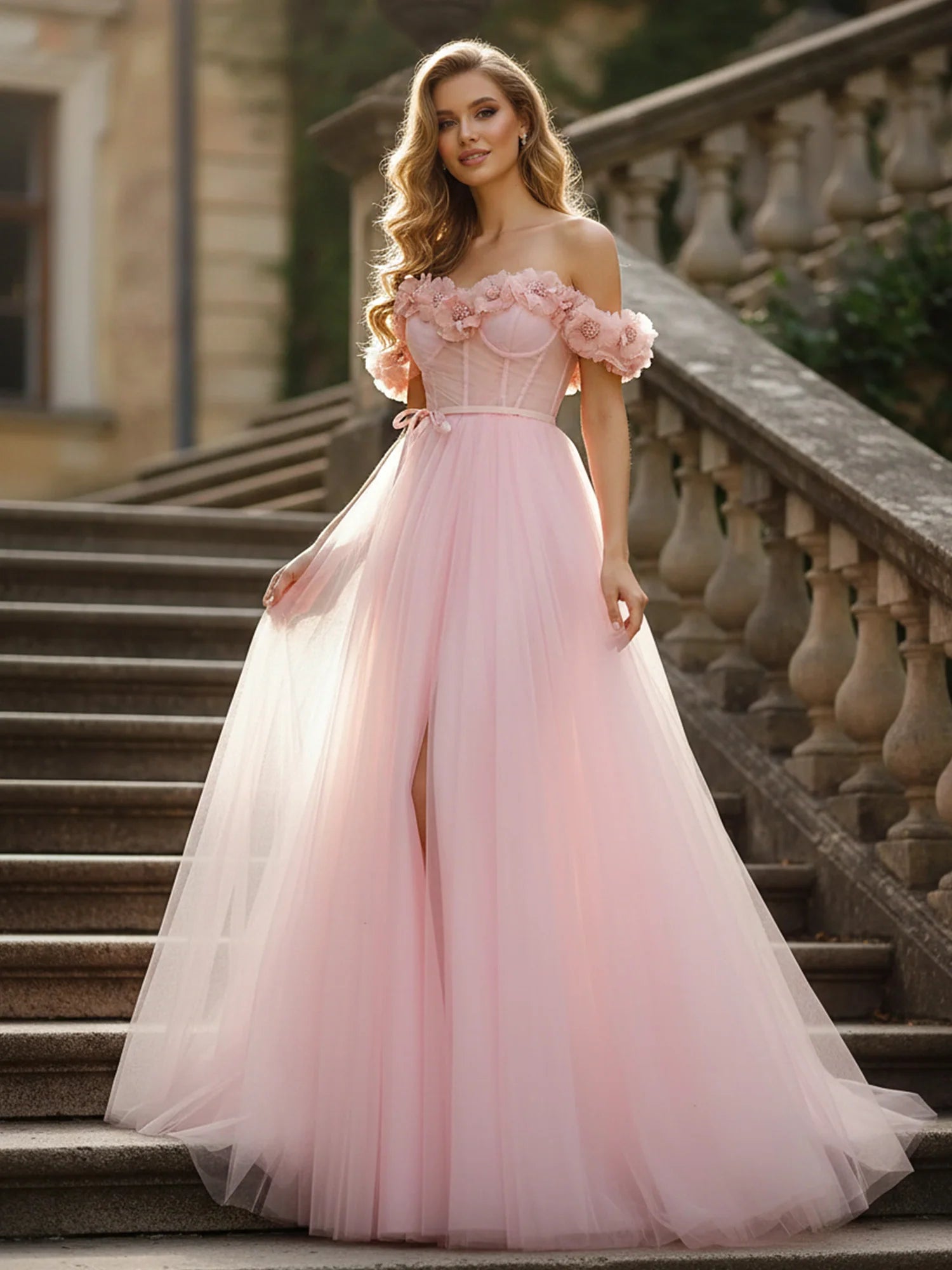 Fairy A-Line Off Shoulder Floral Sleeves Closed Back Floor Length Evening Dresses