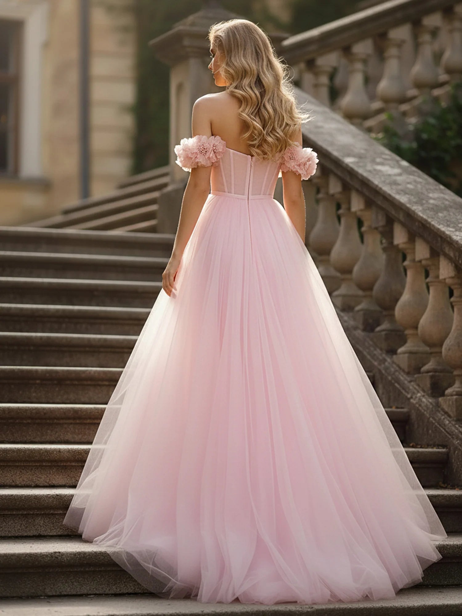 Fairy A-Line Off Shoulder Floral Sleeves Closed Back Floor Length Evening Dresses