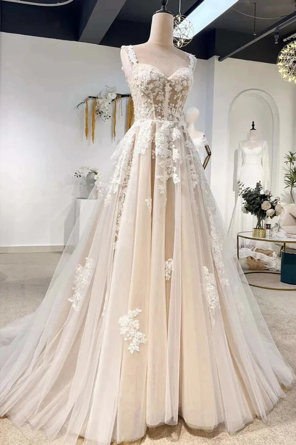 Fairy A-line Floral Corset Wedding Dress With Lace Appliques