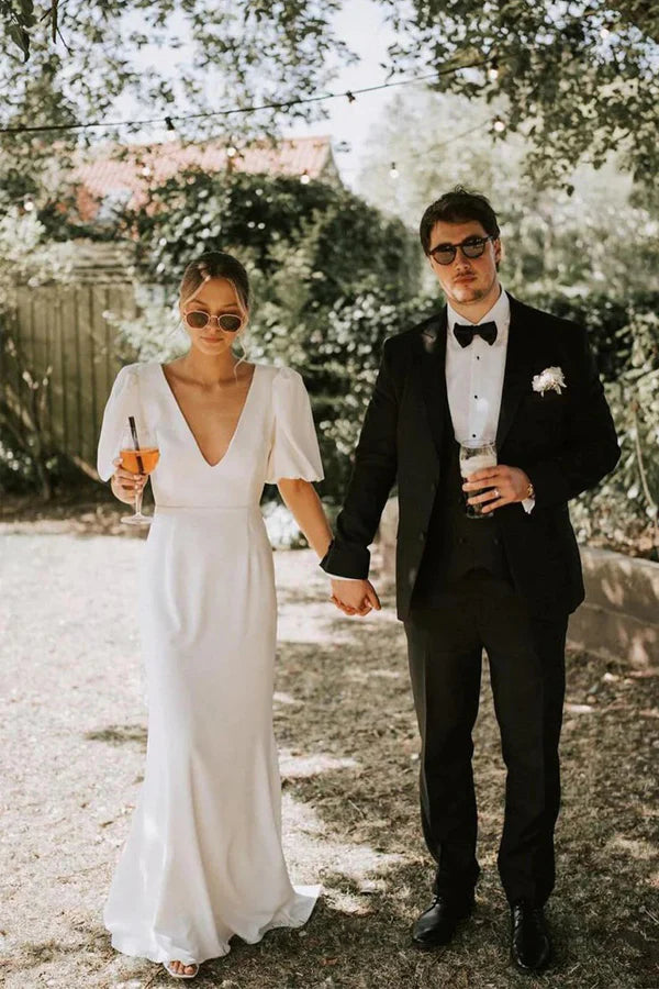 Fairy A Line V Neck Elastic Satin Modest Wedding Dress