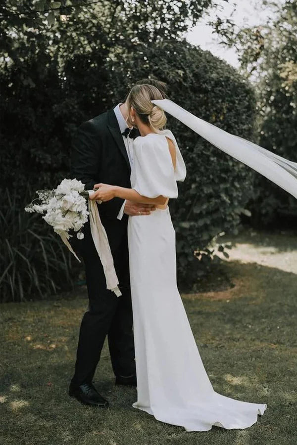 Fairy A Line V Neck Elastic Satin Modest Wedding Dress