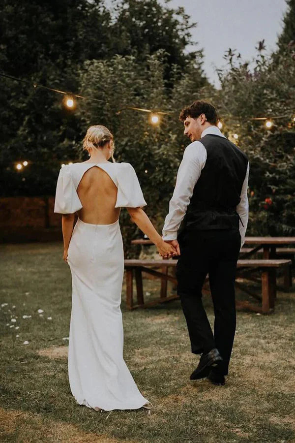 Fairy A Line V Neck Elastic Satin Modest Wedding Dress