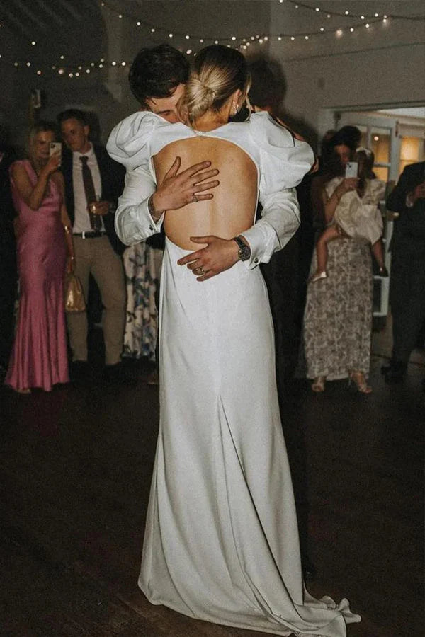 Fairy A Line V Neck Elastic Satin Modest Wedding Dress