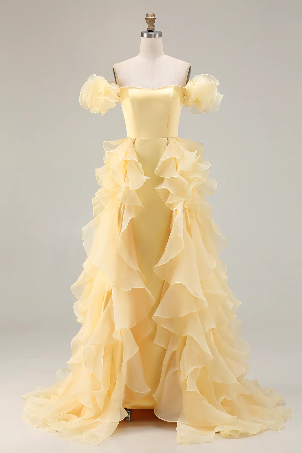 Fairytale Yellow Organza Evening Dress with Ruffle Sleeves and Cascading Ruffles