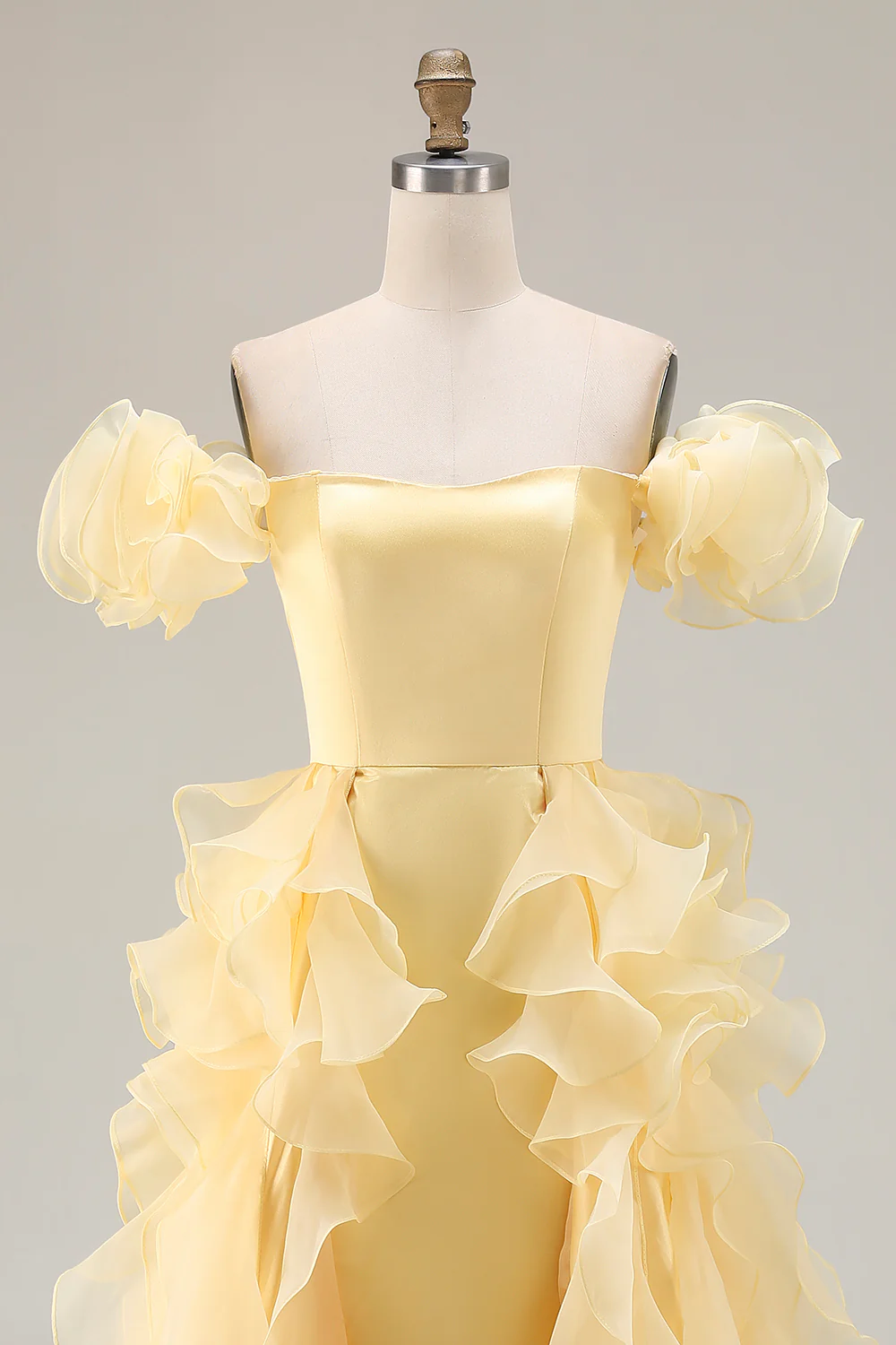 Fairytale Yellow Organza Evening Dress with Ruffle Sleeves and Cascading Ruffles