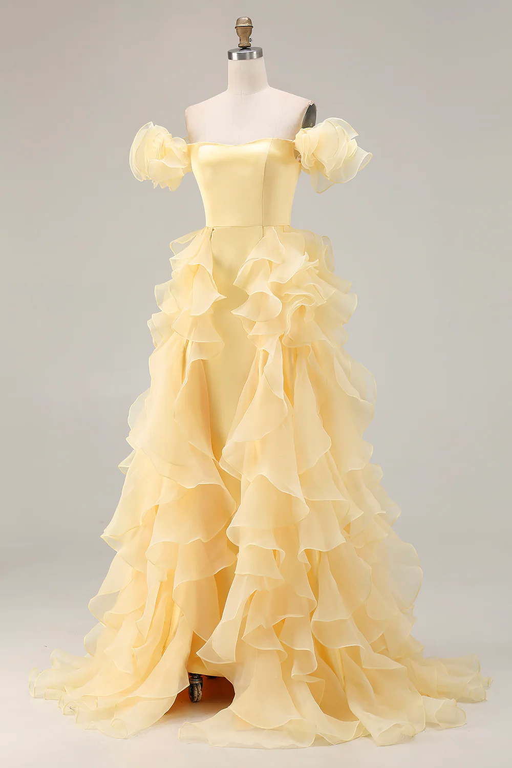 Fairytale Yellow Organza Evening Dress with Ruffle Sleeves and Cascading Ruffles
