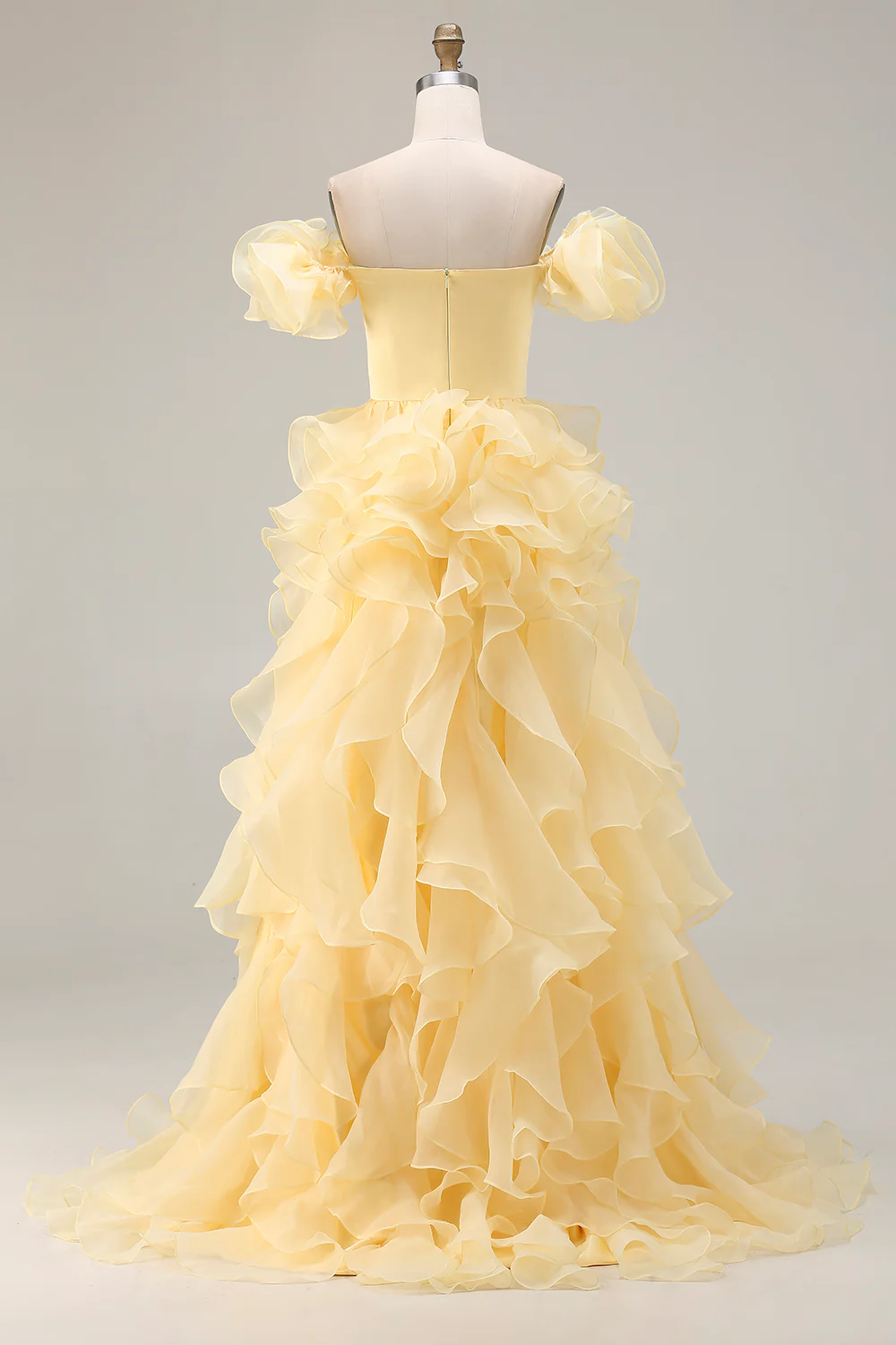 Fairytale Yellow Organza Evening Dress with Ruffle Sleeves and Cascading Ruffles