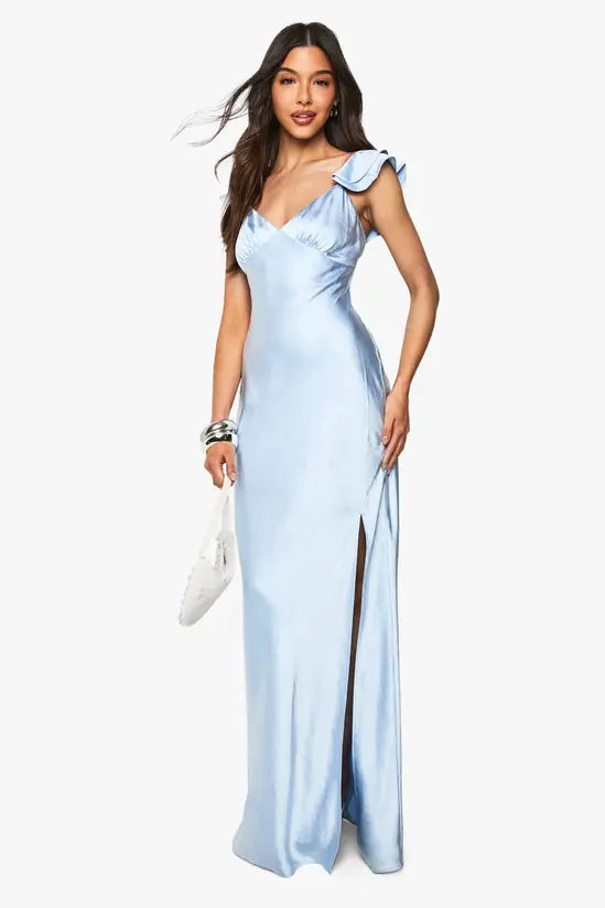 Feminine sheath V-neck ruffled cap-sleeve backless slit satin evening gown
