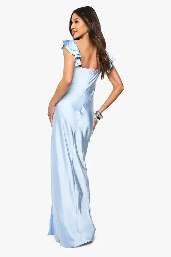 Feminine sheath V-neck ruffled cap-sleeve backless slit satin evening gown