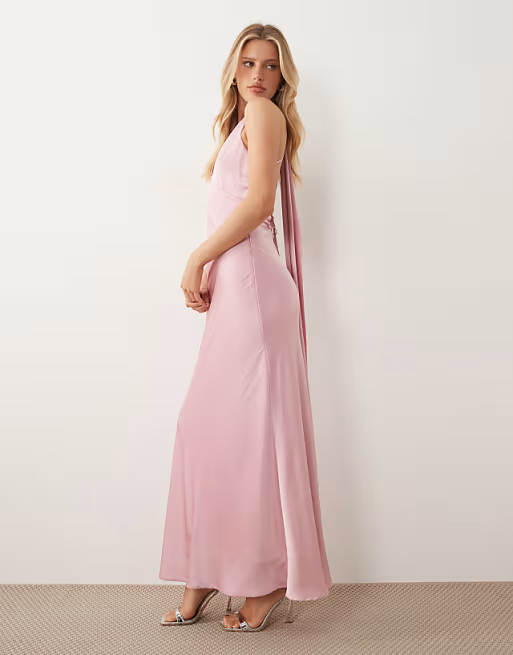Flirty Halter-Neck Lace-Up Back Floor-Length Mermaid Satin Bridesmaid Dress