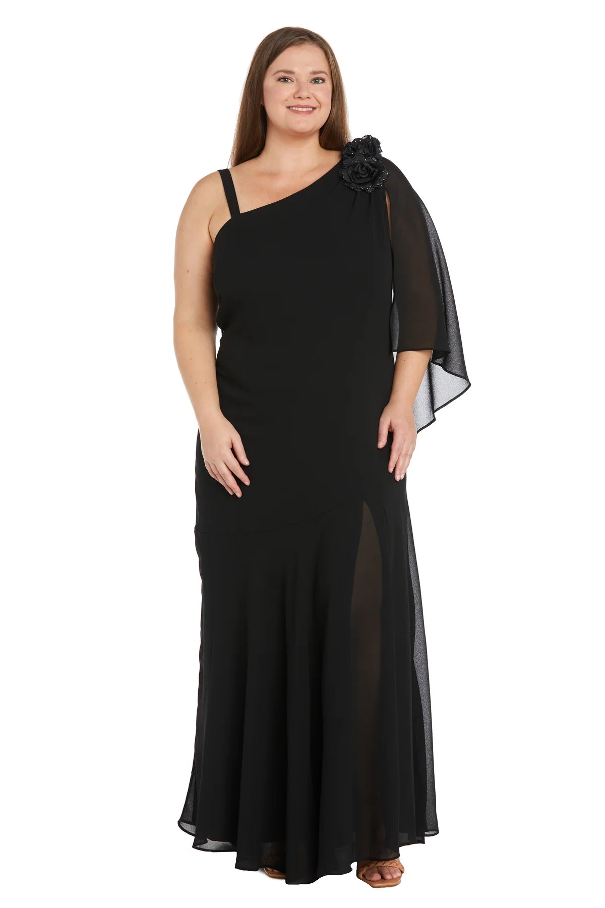 Floral Accent Mermaid One Shoulder Cape Sleeve Floor Length Evening Dress with Front Slit