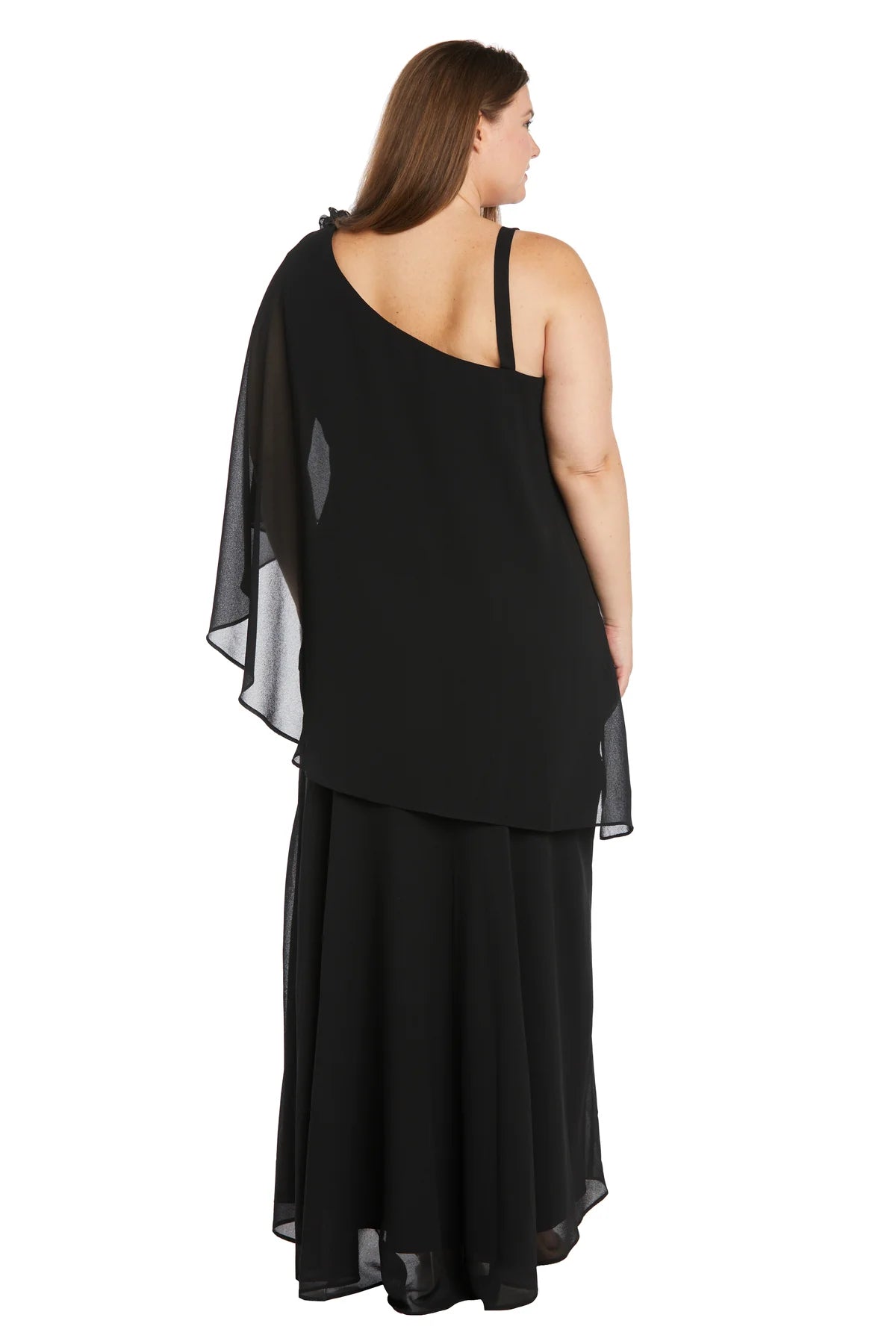 Floral Accent Mermaid One Shoulder Cape Sleeve Floor Length Evening Dress with Front Slit