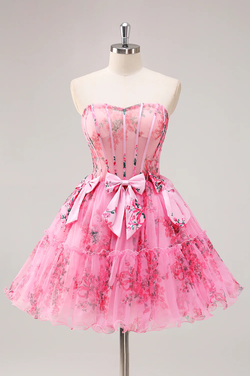 Floral Fuchsia Strapless Corset Short Homecoming Dress with Bowknot