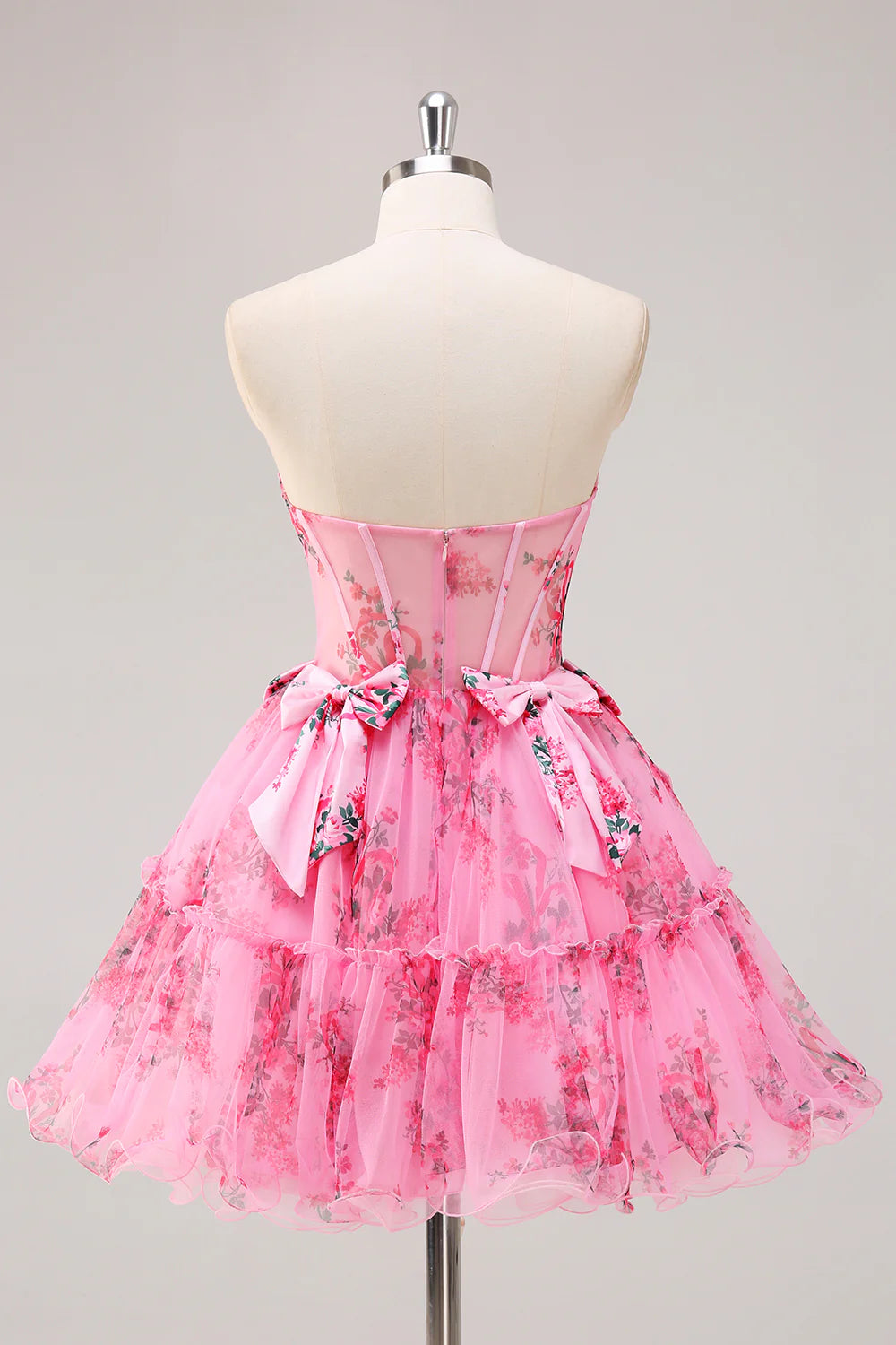 Floral Fuchsia Strapless Corset Short Homecoming Dress with Bowknot