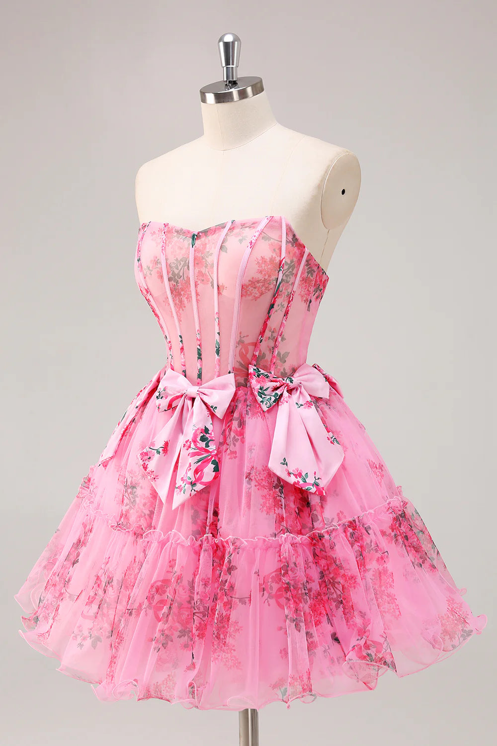 Floral Fuchsia Strapless Corset Short Homecoming Dress with Bowknot