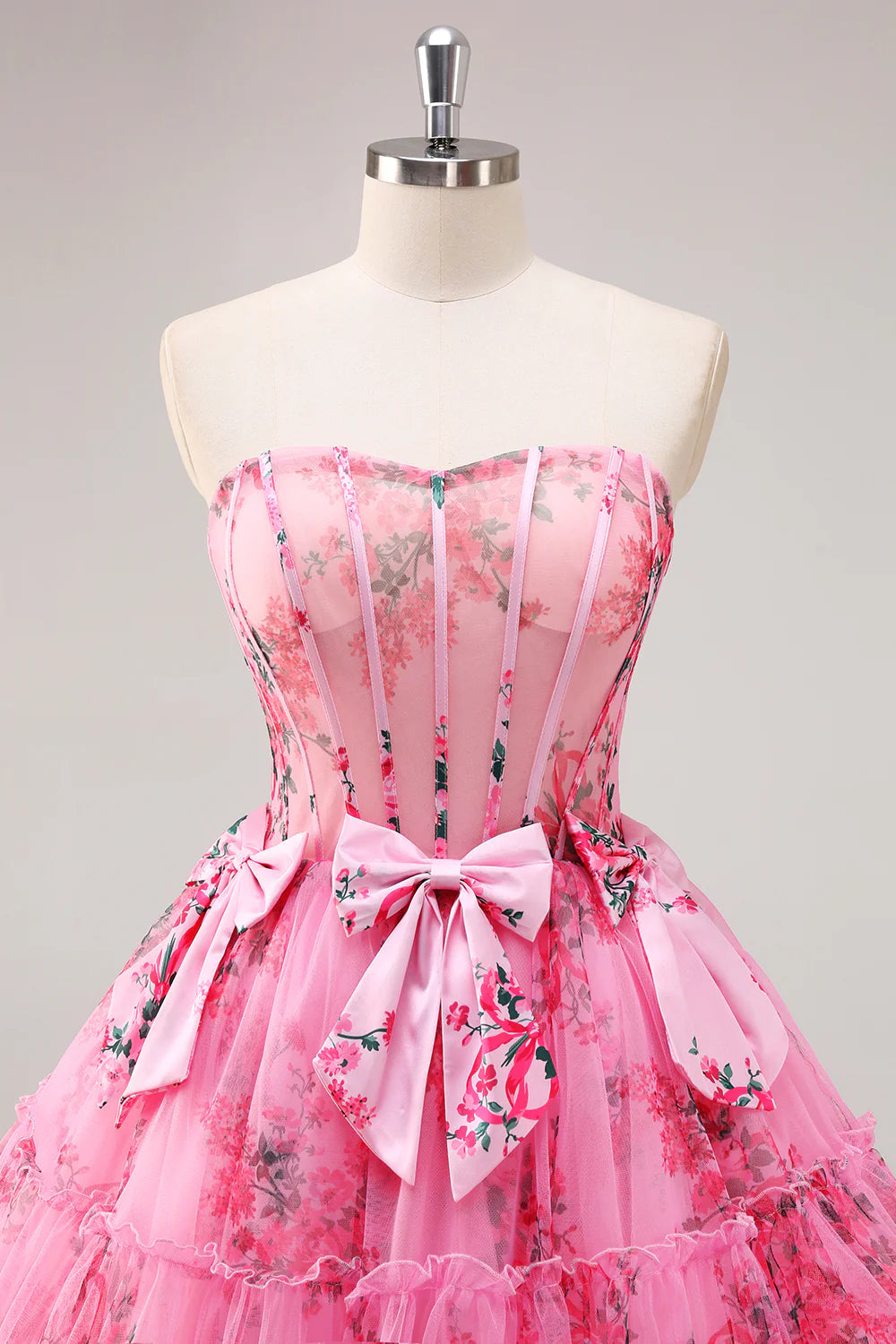 Floral Fuchsia Strapless Corset Short Homecoming Dress with Bowknot