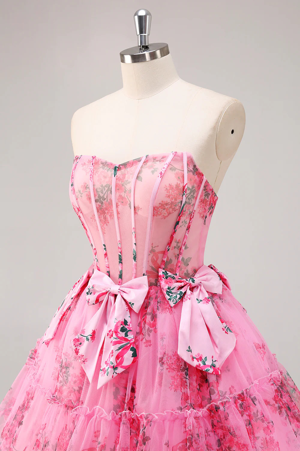 Floral Fuchsia Strapless Corset Short Homecoming Dress with Bowknot