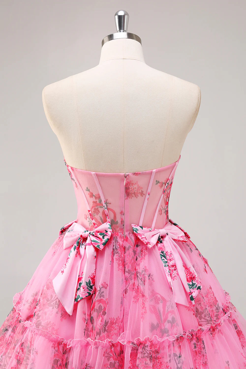 Floral Fuchsia Strapless Corset Short Homecoming Dress with Bowknot
