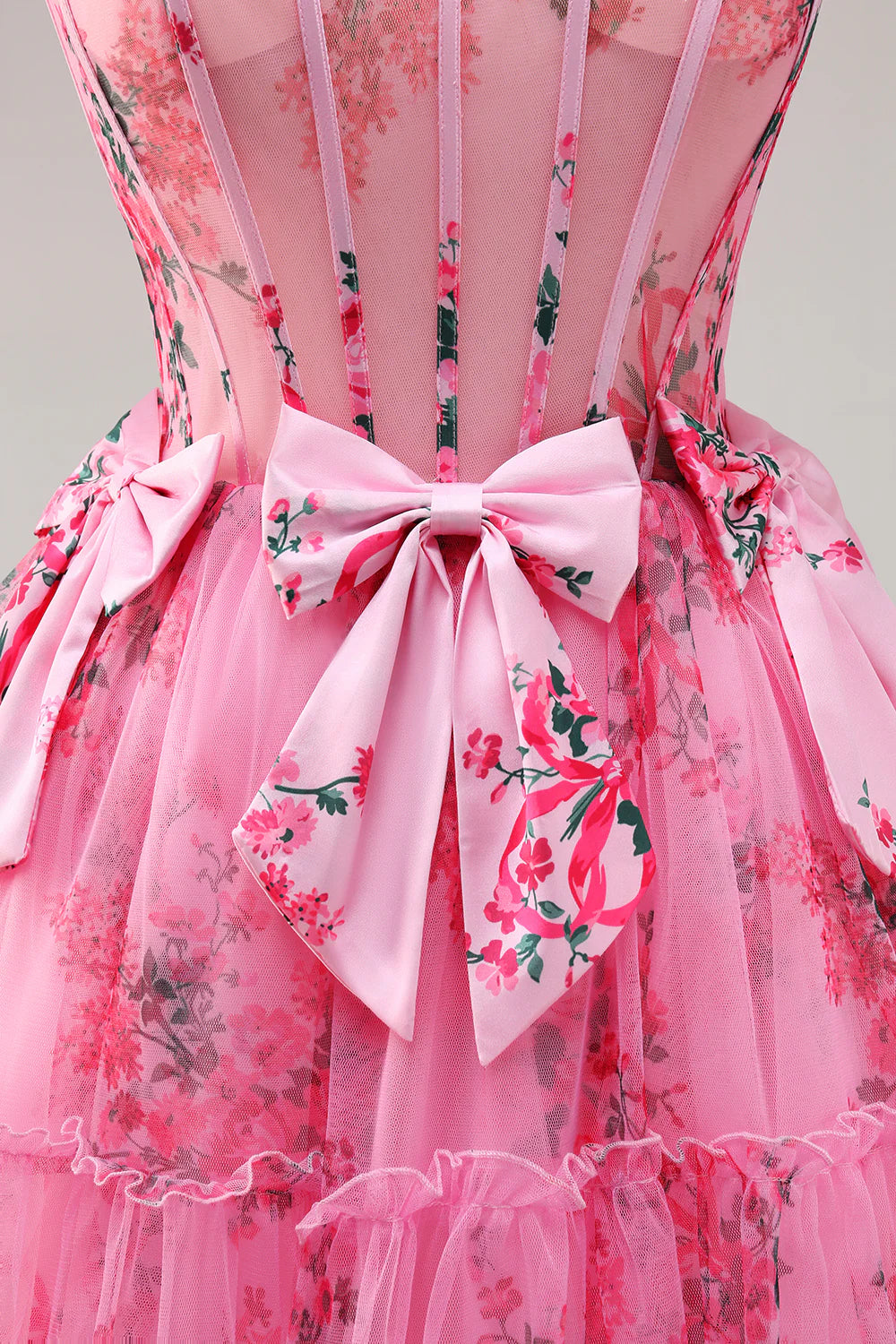 Floral Fuchsia Strapless Corset Short Homecoming Dress with Bowknot