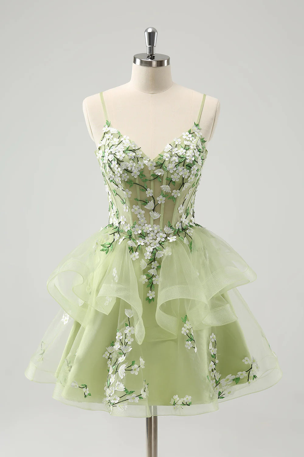 Floral Light Green A Line Corset Short Homecoming Dress with Appliques