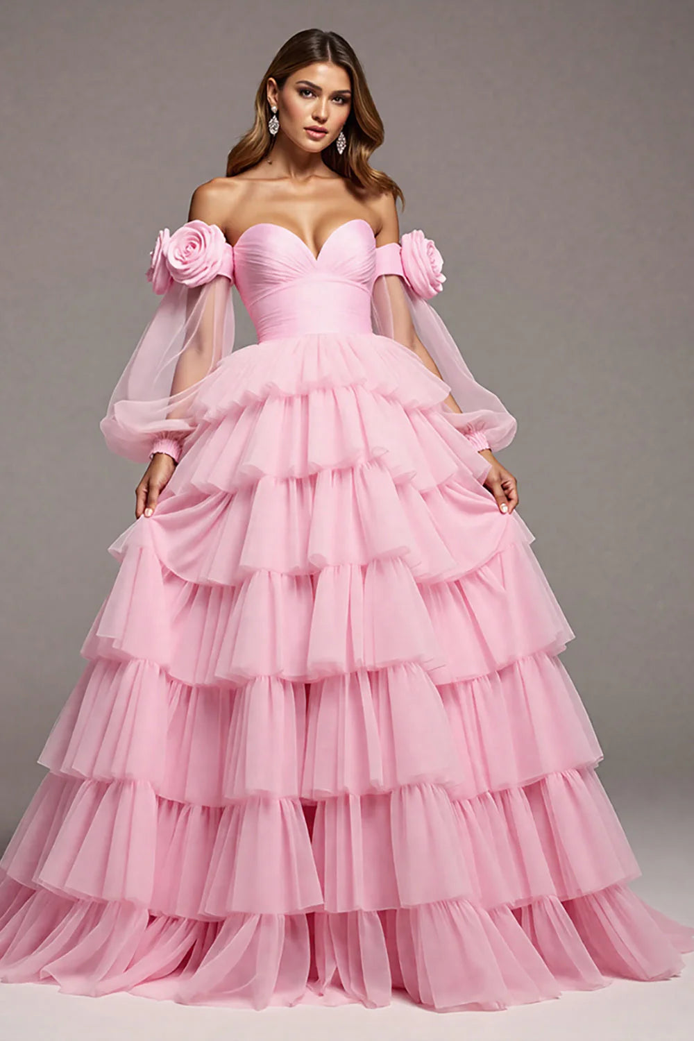 Floral Pink Tulle Ball Gown Long Prom Dress with Ruffles
