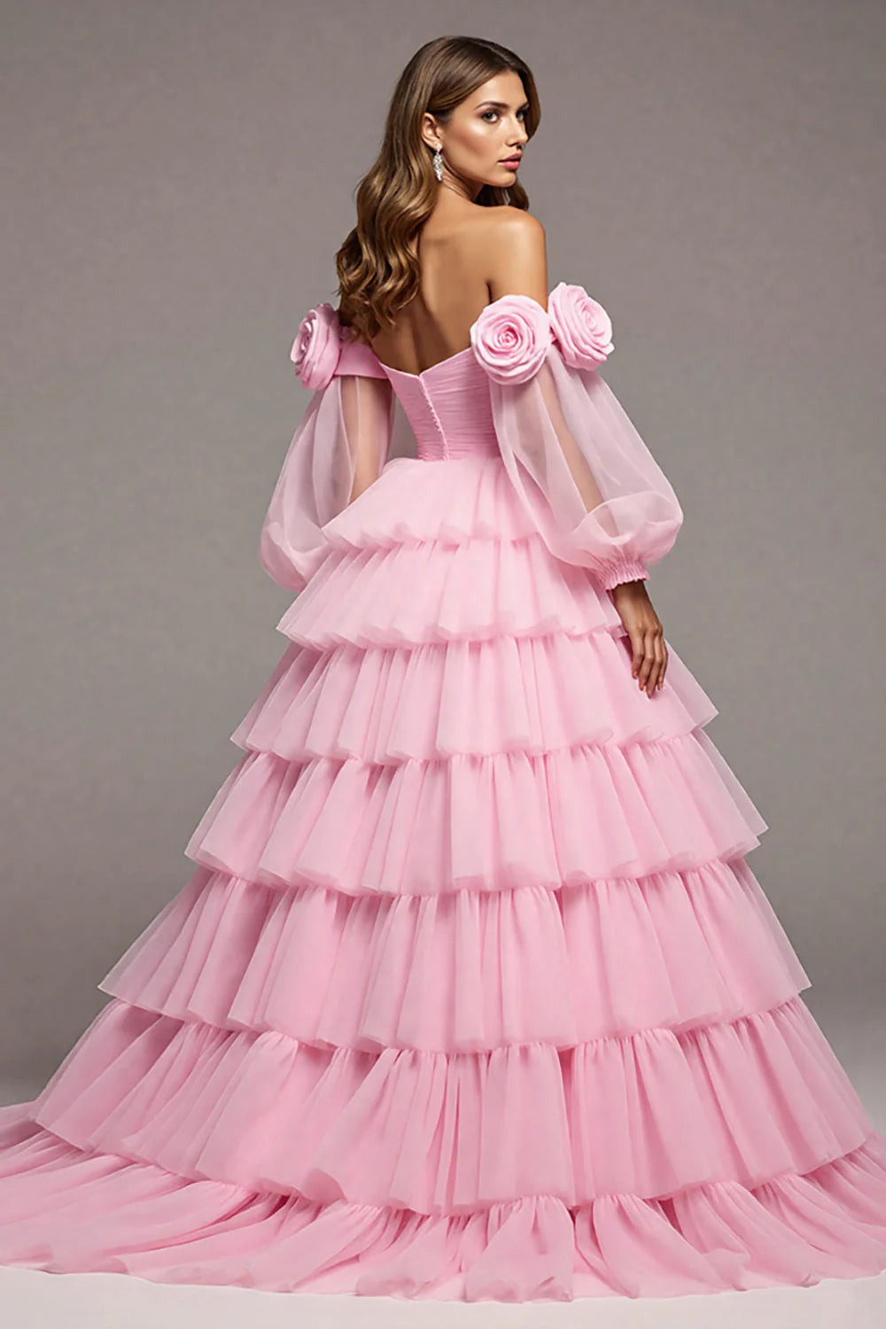 Floral Pink Tulle Ball Gown Long Prom Dress with Ruffles