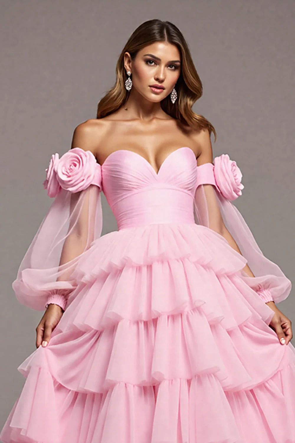 Floral Pink Tulle Ball Gown Long Prom Dress with Ruffles