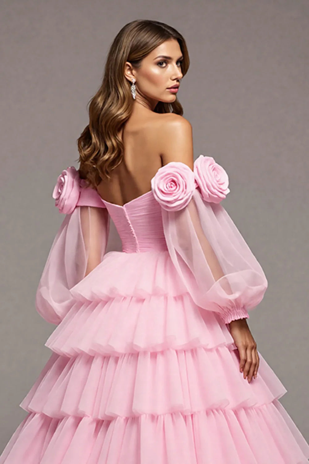 Floral Pink Tulle Ball Gown Long Prom Dress with Ruffles