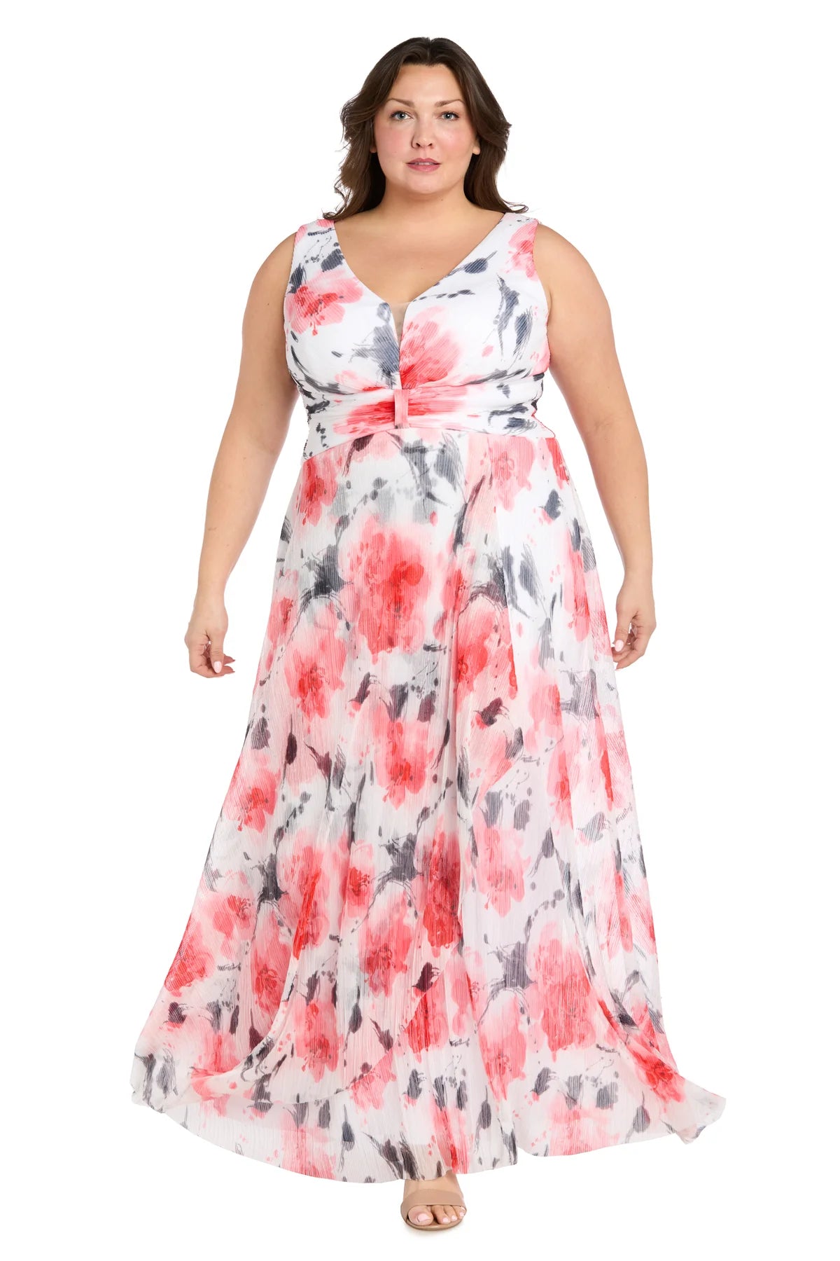 Floral Printed Chiffon A-Line V-Neck Sleeveless V-Back Floor Length Plus Size Evening Dress