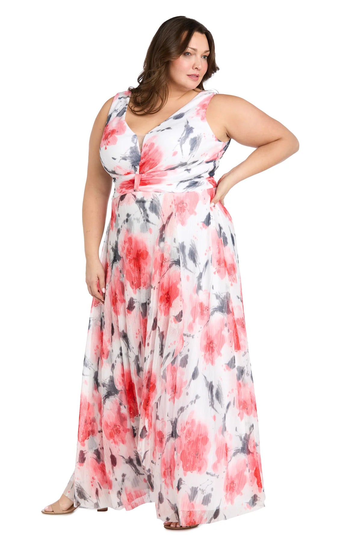 Floral Printed Chiffon A-Line V-Neck Sleeveless V-Back Floor Length Plus Size Evening Dress