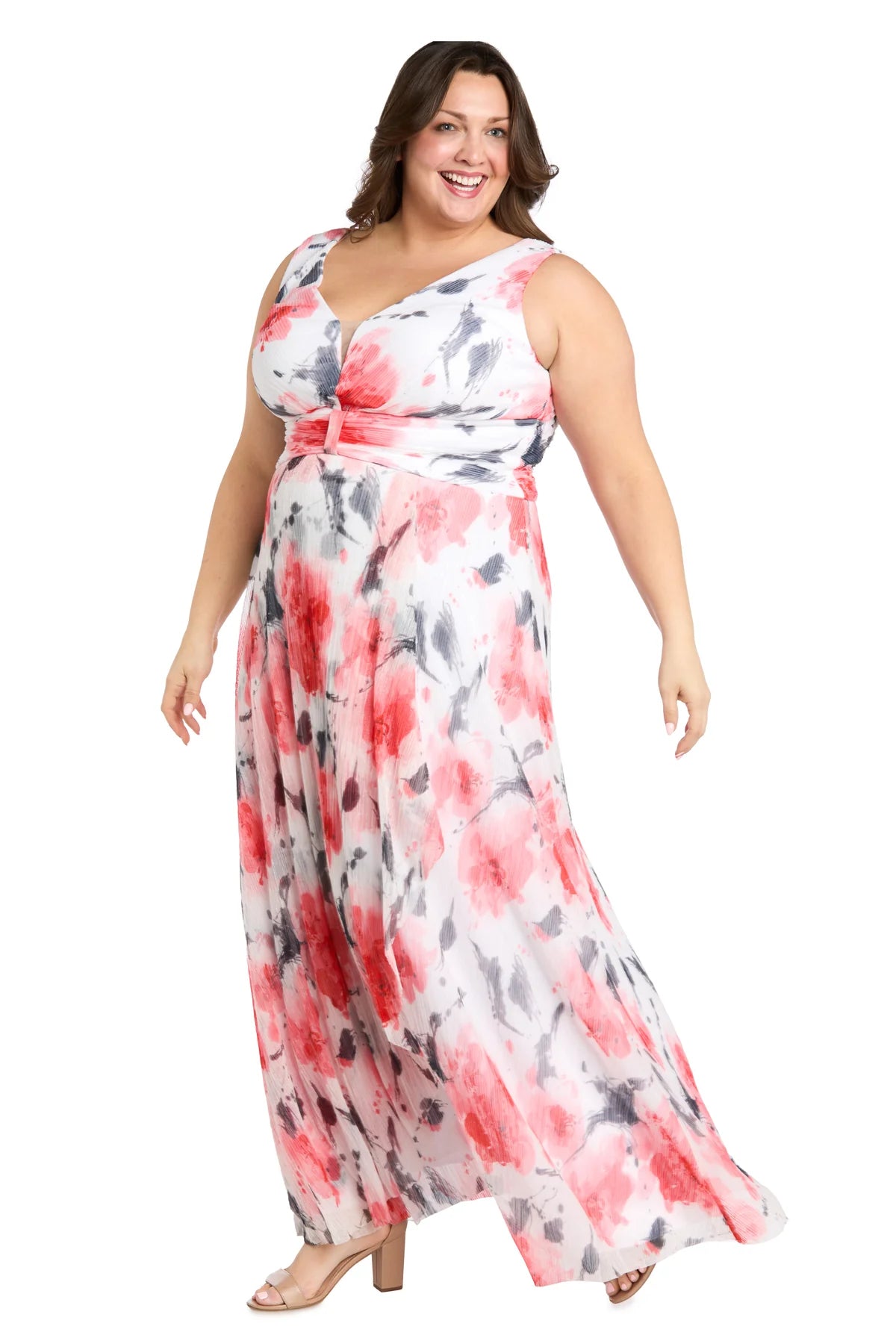 Floral Printed Chiffon A-Line V-Neck Sleeveless V-Back Floor Length Plus Size Evening Dress
