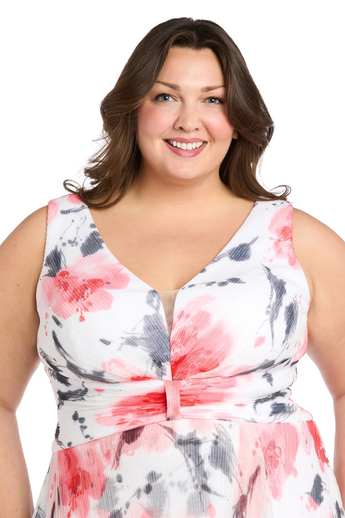 Floral Printed Chiffon A-Line V-Neck Sleeveless V-Back Floor Length Plus Size Evening Dress