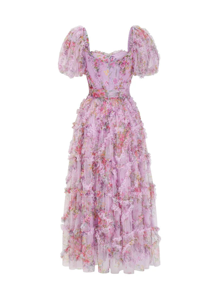 Floral Tulle Puff Sleeve Bow Tie Layered Ruffle Full Of Charm Party Dresses