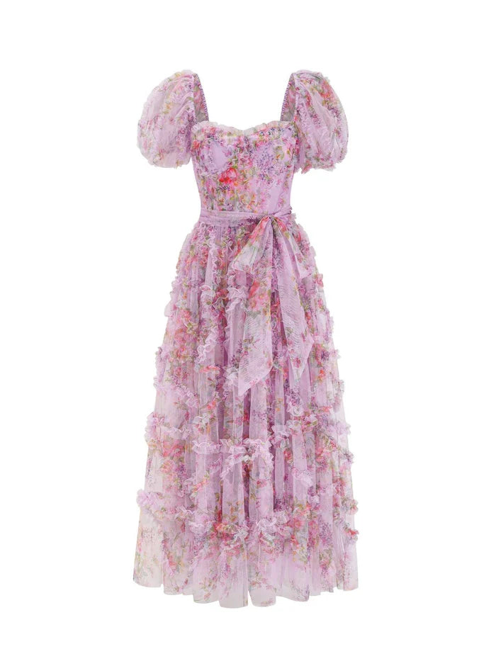 Floral Tulle Puff Sleeve Bow Tie Layered Ruffle Full Of Charm Party Dresses