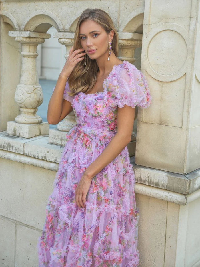 Floral Tulle Puff Sleeve Bow Tie Layered Ruffle Full Of Charm Party Dresses