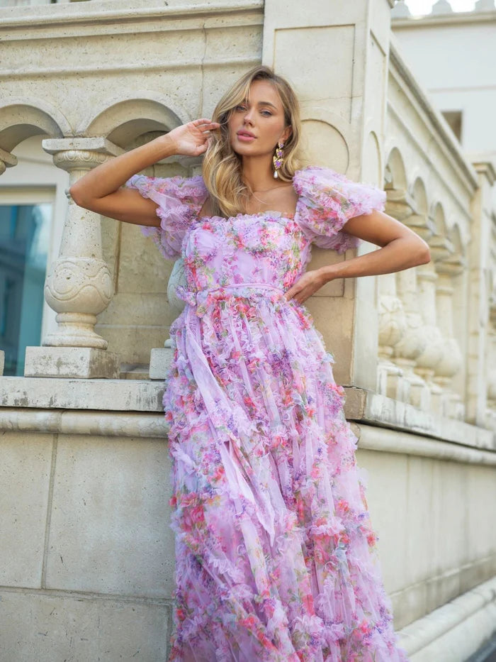 Floral Tulle Puff Sleeve Bow Tie Layered Ruffle Full Of Charm Party Dresses