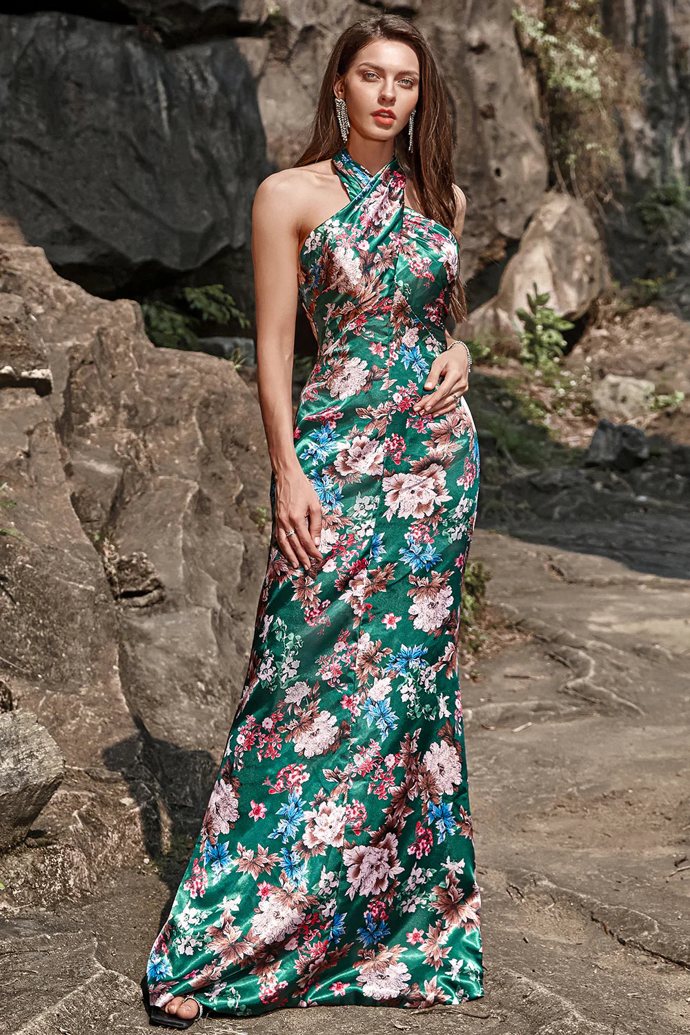 Flower Print Halter Satin Full Of Charm Prom Dress with Slit