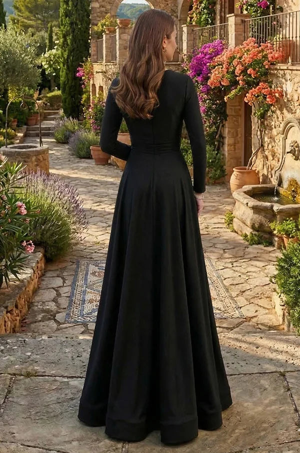 Flowing Jersey A-Line Deep V-Neck Long Sleeve Floor Length Mother of the Bride Dress