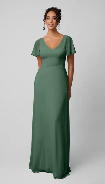 Flowing Chiffon A-Line V-Neck Flutter Sleeve Keyhole Back Floor-Length Bridesmaid Dresses