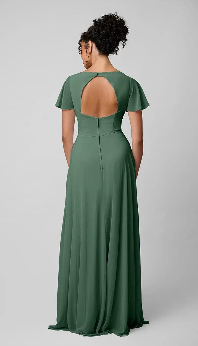 Flowing Chiffon A-Line V-Neck Flutter Sleeve Keyhole Back Floor-Length Bridesmaid Dresses