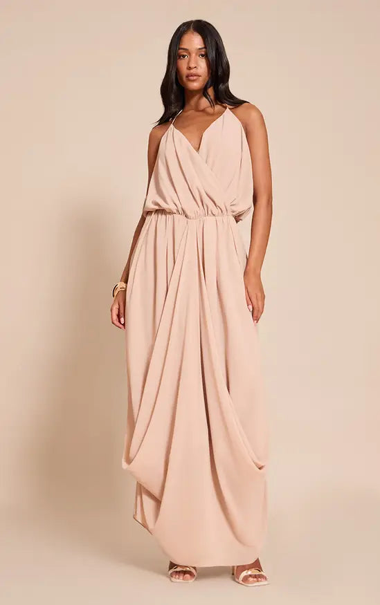 Flowy A-Line Halter Neck Sleeveless Open Back Draped Floor Length Evening Dress