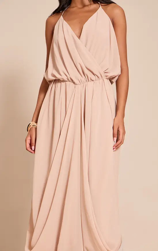 Flowy A-Line Halter Neck Sleeveless Open Back Draped Floor Length Evening Dress