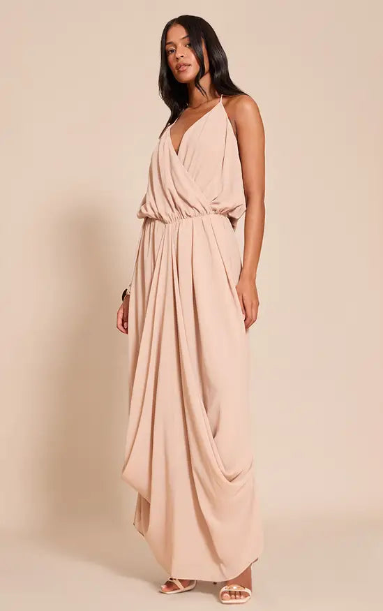Flowy A-Line Halter Neck Sleeveless Open Back Draped Floor Length Evening Dress