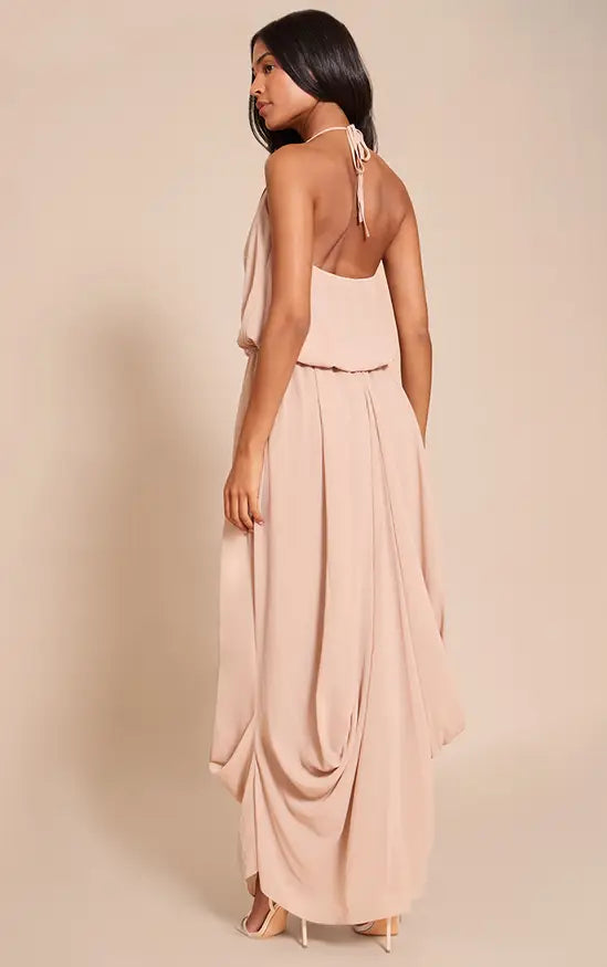 Flowy A-Line Halter Neck Sleeveless Open Back Draped Floor Length Evening Dress
