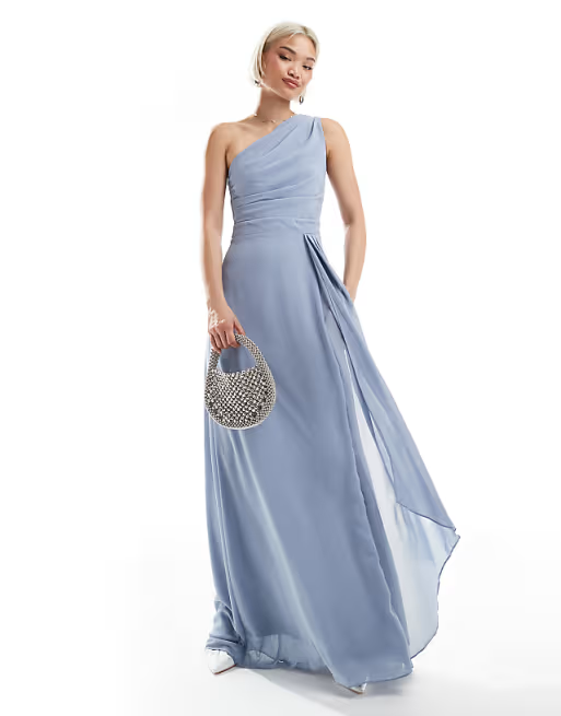 Flowy A-Line One-Shoulder Pleated-Sash Floor-Length Bridesmaid Dress